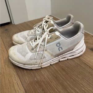 On Running Cream and Gray Athletic Shoes